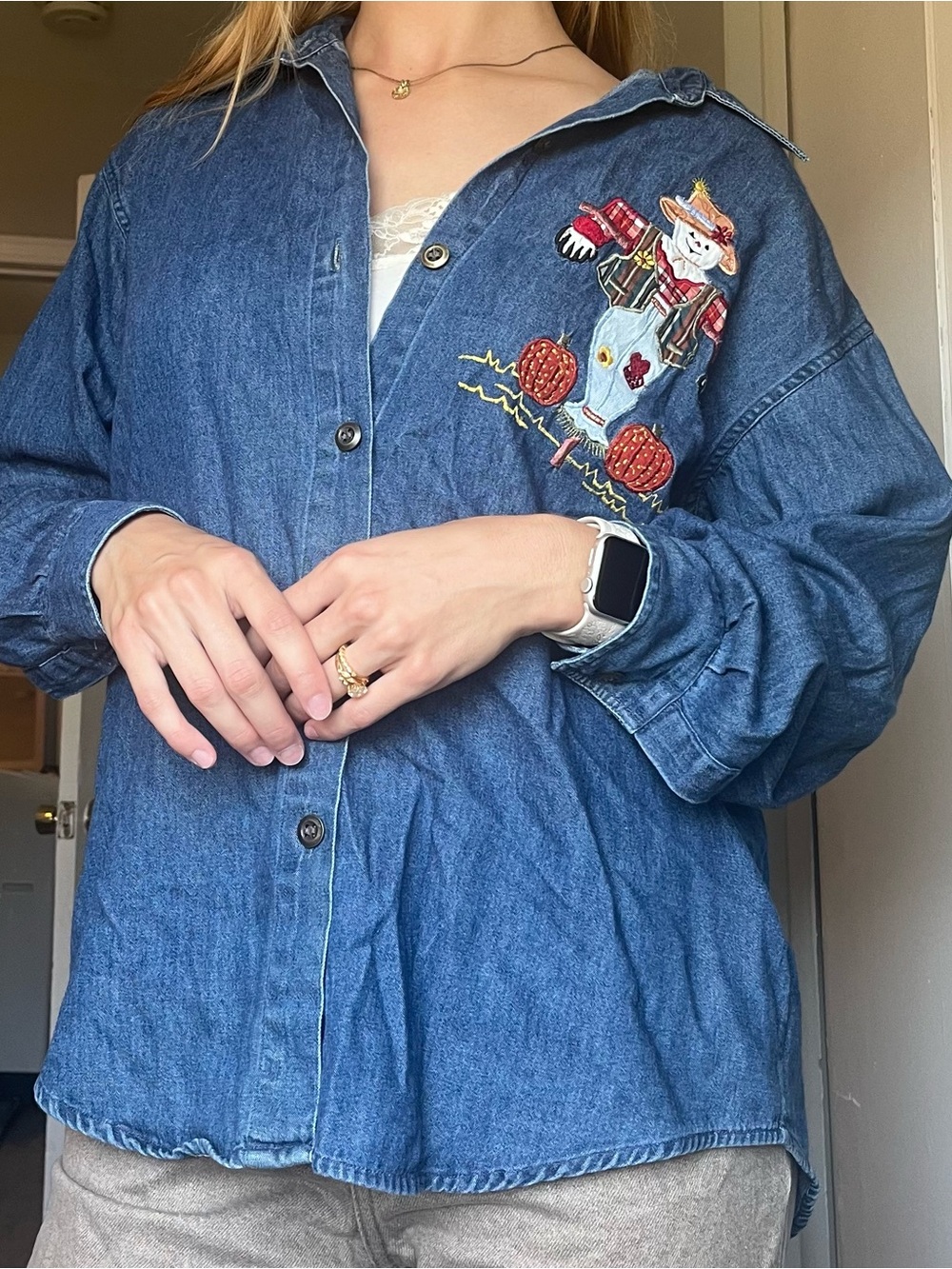 Vintage Blue Denim Button-Up Shirt with Embroidered Scarecrow